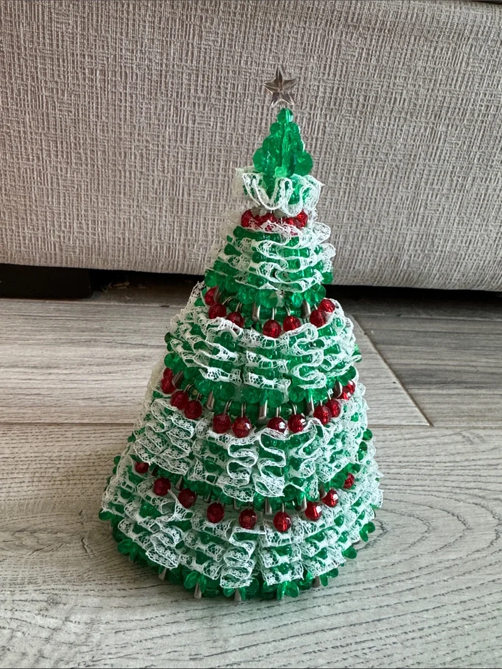 Handmade Safety Pin Green and White Holiday Tree Decor with Red Beads and lace